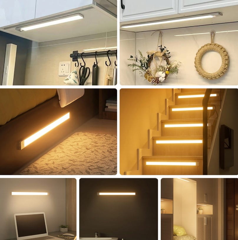 Listwa podszafkowa LED 30 cm w kolorze czarnym, z czujnikiem ruchu. Zamontowana w różnych aranżacjach: pod szafkami, przy łóżku, na schodach, emitująca ciepłe światło. Prosty design, łatwe podłączenie przez USB.