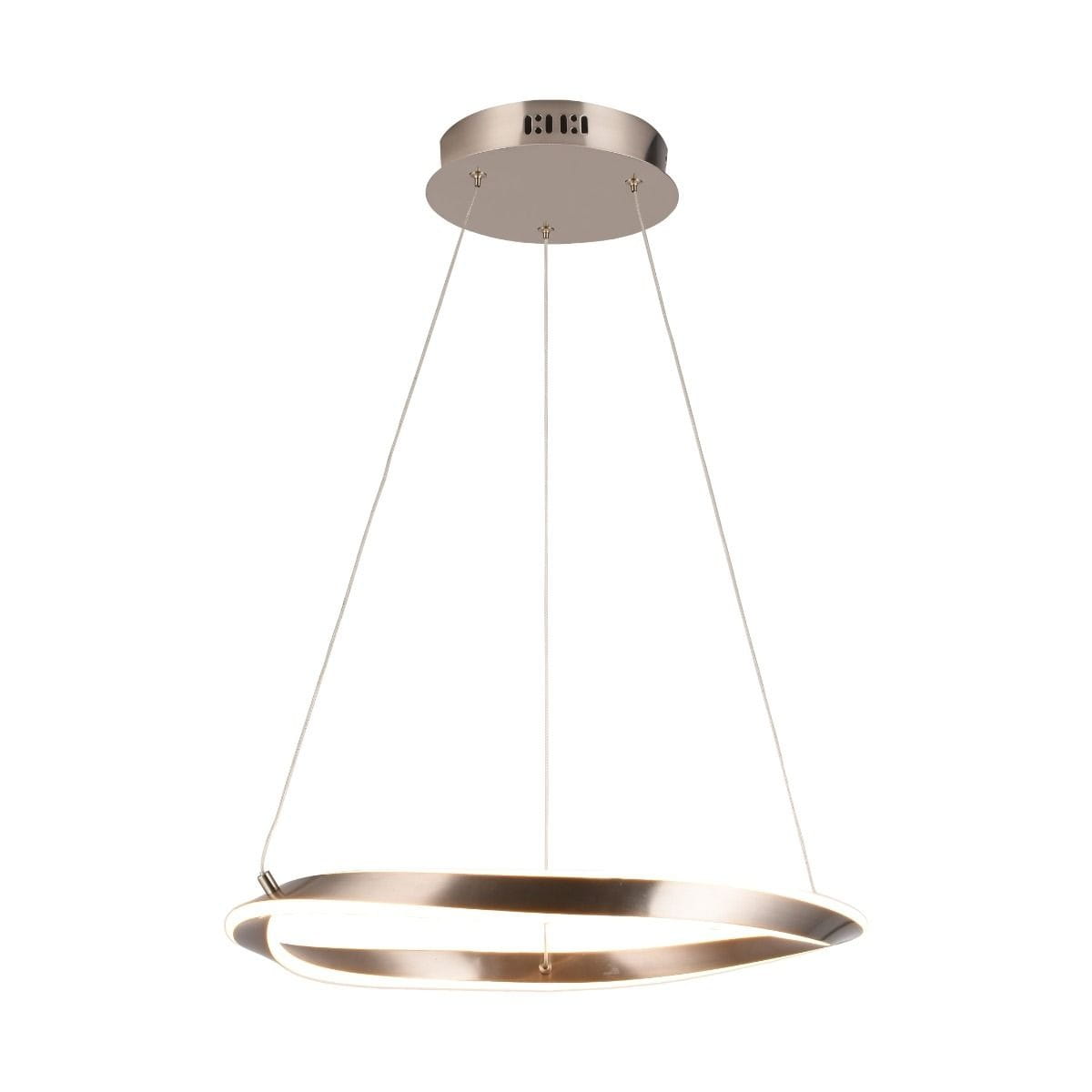 Lampa wisząca Girona w kolorze niklu, z jednym źródłem LED o mocy 26W. Okrągła konstrukcja zawieszona na cienkich linkach, montowana do sufitu, z minimalistycznym designem. Tło białe, podkreślające nowoczesny styl.