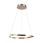 Lampa wisząca Girona w kolorze niklu, z jednym źródłem LED o mocy 26W. Okrągła konstrukcja zawieszona na cienkich linkach, montowana do sufitu, z minimalistycznym designem. Tło białe, podkreślające nowoczesny styl.