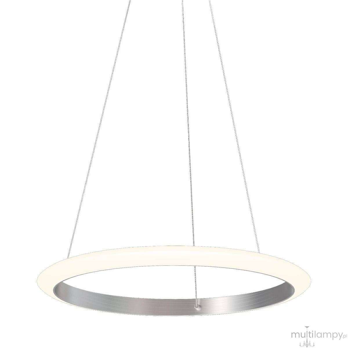 Lampa wisząca Newa z dwoma źródłami LED o mocy 27,5W, wykonana z aluminium. Posiada okrągły kształt z białą, matową osłoną i metaliczną obręczą. Zawieszona na cienkich linkach, idealna do nowoczesnych wnętrz. Tło białe.