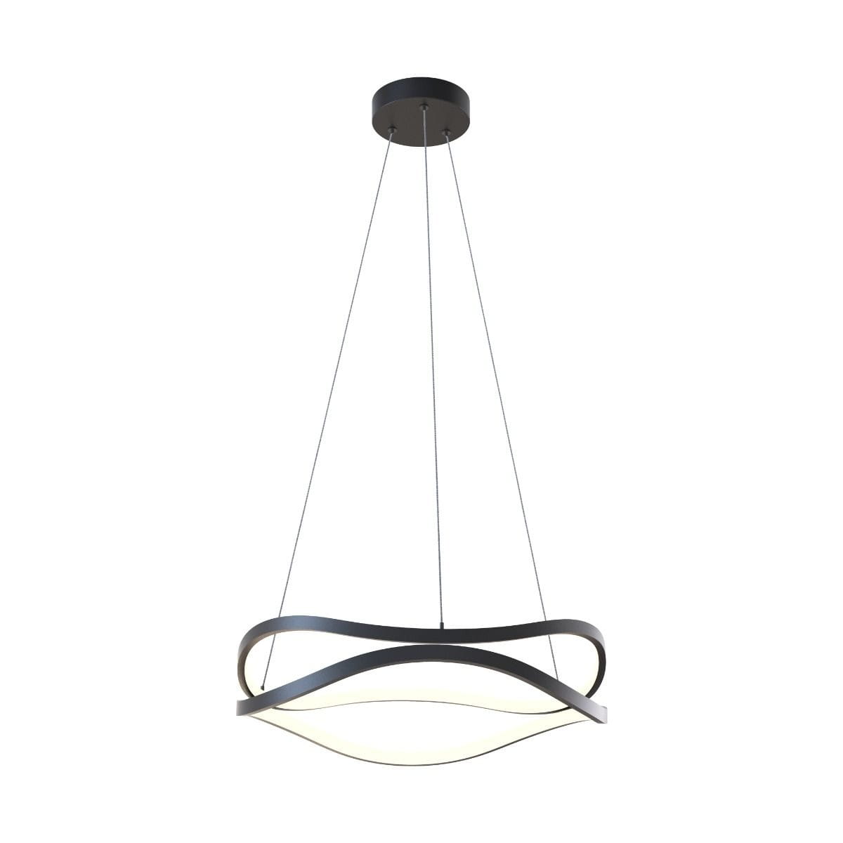 Lampa wisząca Harley z dwoma źródłami LED o mocy 31W, czarna. Okrągły, metalowy sufitowy uchwyt, zawieszona na cienkich linkach. Efektowny, falisty kształt klosza z białym podświetleniem. Tło białe, minimalistyczne.