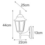 Czarny kinkiet elewacyjny Lozana Up o wymiarach 44 cm wysokości, 25 cm szerokości i 22 cm głębokości. Posiada dekoracyjny klosz z przezroczystymi panelami, montowany na ścianie. Wykonany z materiałów odpornych na warunki atmosferyczne.