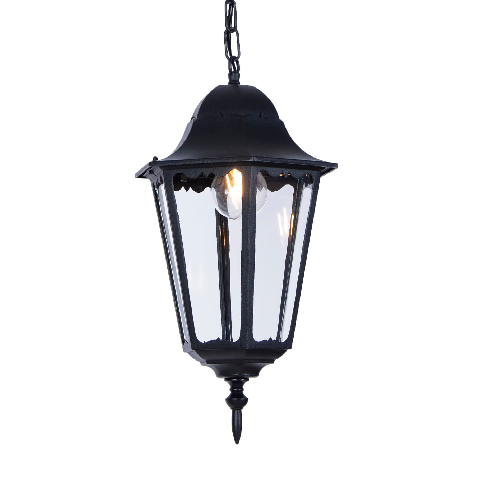 Wisząca lampa ogrodowa Lozana w czarnym kolorze, wykonana z metalu, o kształcie wielokątnym. Szklane ścianki ukazują źródło światła wewnątrz. Ujęcie z boku, zawieszona na łańcuchu, z dekoracyjnym wykończeniem na górze i dolnej części.
