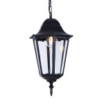Wisząca lampa ogrodowa Lozana w czarnym kolorze, wykonana z metalu, o kształcie wielokątnym. Szklane ścianki ukazują źródło światła wewnątrz. Ujęcie z boku, zawieszona na łańcuchu, z dekoracyjnym wykończeniem na górze i dolnej części.