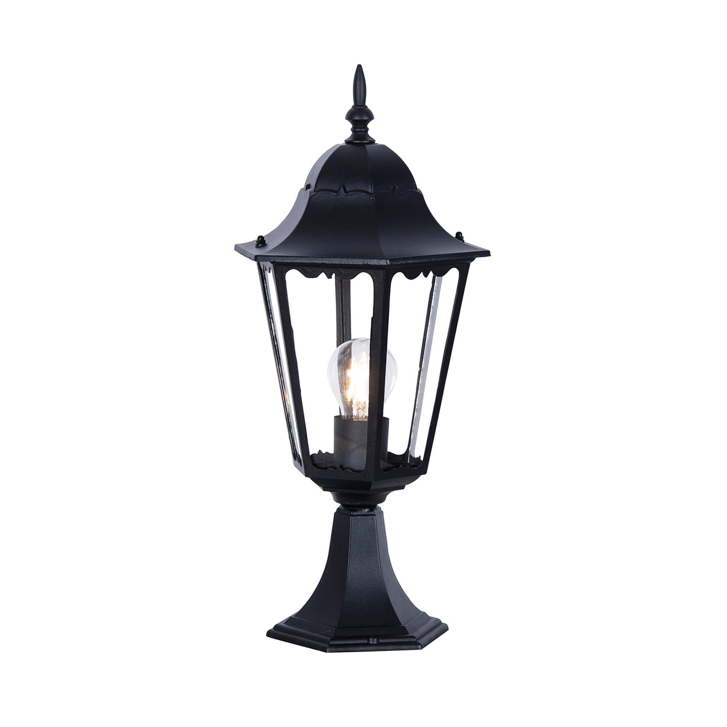 Lampa ogrodowa Lozana H51 w kolorze czarnym, stojąca, o cylindrycznym kształcie z metalowym stelażem i ozdobnym dachem. Przez przezroczyste ścianki widoczna żarówka wewnętrzna. Ujęcie z boku, na prostym tle.