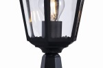 Czarna lampa ogrodowa Lozana H51 z przezroczystym kloszem, stojąca. Widok z boku, ukazujący żarówkę wewnątrz. Metalowa konstrukcja z dekoracyjnymi detalami, stabilna podstawa. Idealna do oświetlenia przestrzeni na zewnątrz.