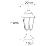Lampa ogrodowa stojąca Lozana H51 w kolorze czarnym. Wysokość 51 cm, średnica podstawy 16 cm, szerokość 22 cm. Posiada ozdobny klosz z przeszklonymi ściankami oraz dekoracyjną, stożkową górę.