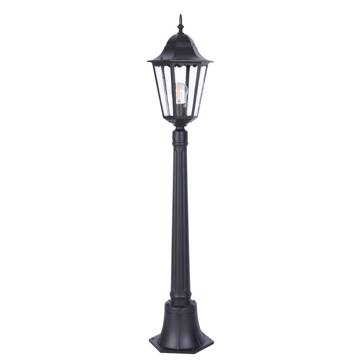 Lampa ogrodowa stojąca Lozana H114 w kolorze czarnym, z metalowym korpusem i ozdobnym kloszem. Ujęcie frontalne, produkt ma smukły kształt z sześciokątną podstawą. Wewnątrz widoczna żarówka, a całość ma elegancki, klasyczny design.