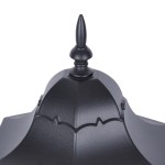 Czarna lampa ogrodowa stojąca Lozana H114 z dekoracyjnym zakończeniem w formie stożka. Widoczna faktura klosza z delikatnym wzorem. Ujęcie z góry, ukazujące szczegóły konstrukcji oraz elementy montażowe.