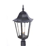 Czarna lampa ogrodowa Lozana H114 z dekoracyjnym, sześciokątnym kloszem i metalową podstawą. Widoczny żarówka wewnątrz, przeszklone ścianki oraz ozdobny szczyt. Ujęcie zbliżeniowe na górną część lampy.