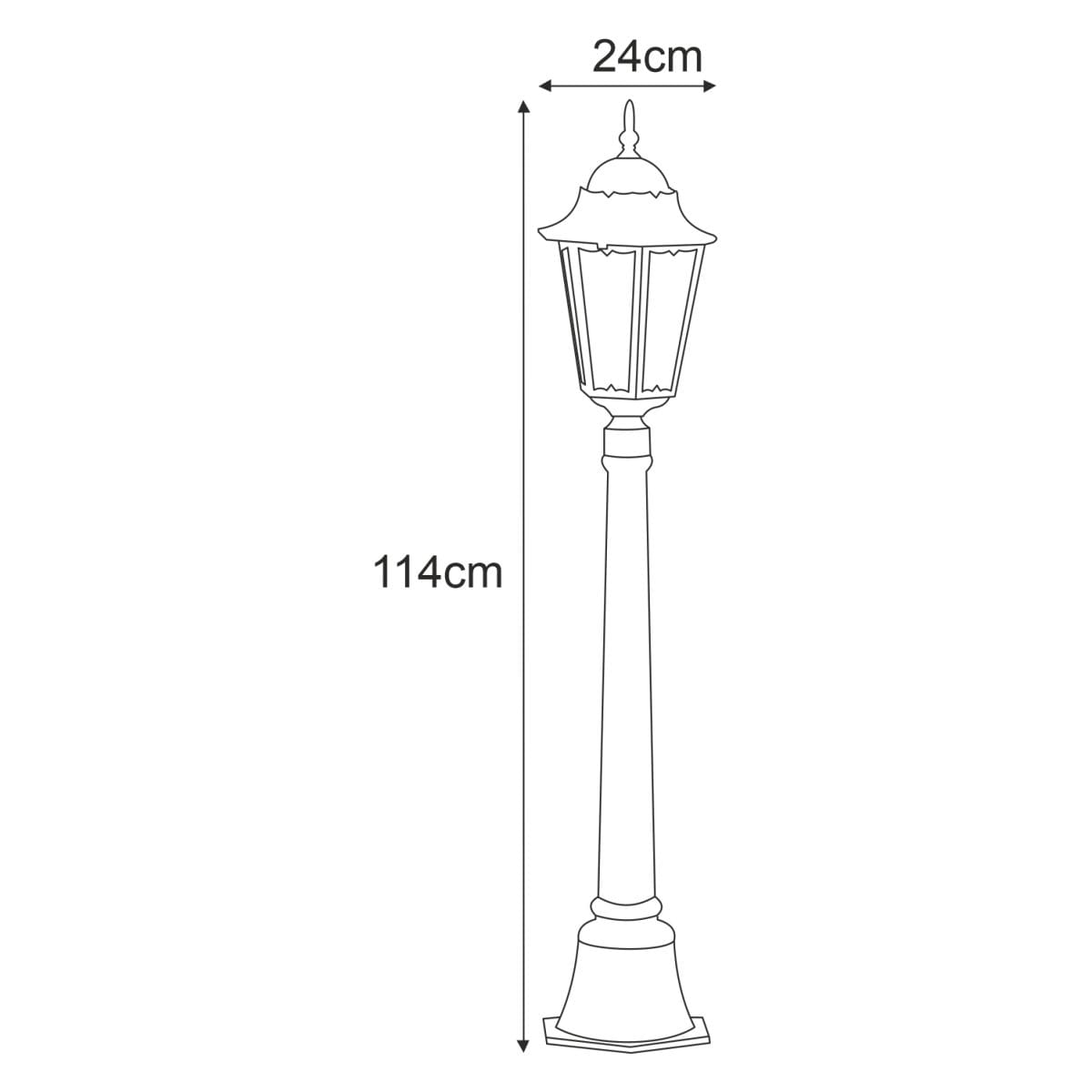 Czarna lampa ogrodowa Lozana H114 o wysokości 114 cm i średnicy 24 cm, z klasycznym kloszem, stojąca na solidnej podstawie. Widoczny detal: dekoracyjny daszek oraz geometryczny wzór klosza.