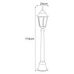 Czarna lampa ogrodowa Lozana H114 o wysokości 114 cm i średnicy 24 cm, z klasycznym kloszem, stojąca na solidnej podstawie. Widoczny detal: dekoracyjny daszek oraz geometryczny wzór klosza.