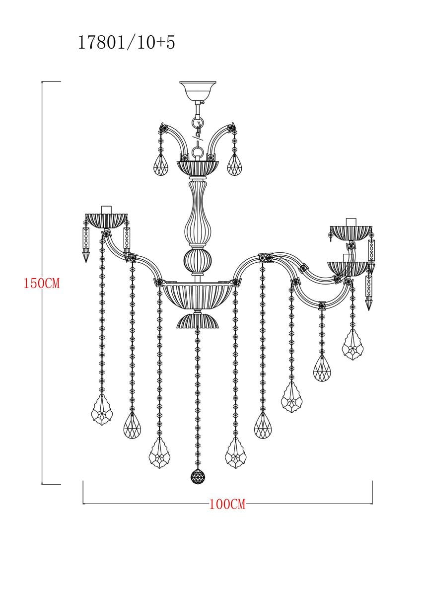 Żyrandol Chateau w kolorze chromu, z miejscem na 15 żarówek E14. Ozdobiony zwisającymi kryształami, z centralnym elementem w formie smukłej kolumny. Wymiary: wysokość 150 cm, szerokość 100 cm.