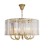 Lampa wisząca Paris 10xE14 w kolorze złotym, z przezroczystymi elementami szklanymi, o okrągłym kształcie. Zawieszona na złotym łańcuszku, z pięcioma łukowymi ramionami. Idealna do eleganckich wnętrz.