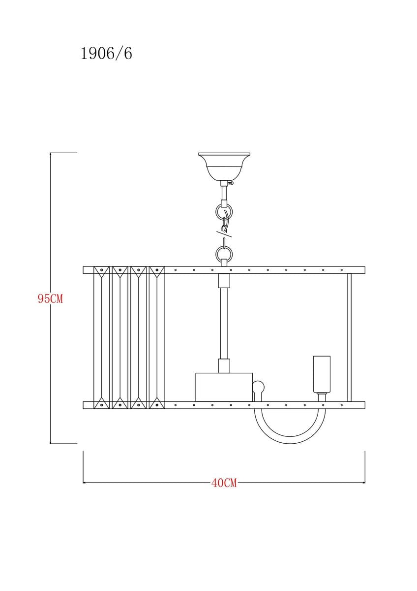 Lampa wisząca Paris 1906/6 w kolorze złotym, z miejscem na sześć żarówek E14. Posiada prostokątną podstawę o wymiarach 40 cm szerokości i 95 cm wysokości. Ujęcie pokazuje lampę z boku, z widocznym detalem mocowania i łańcucha.
