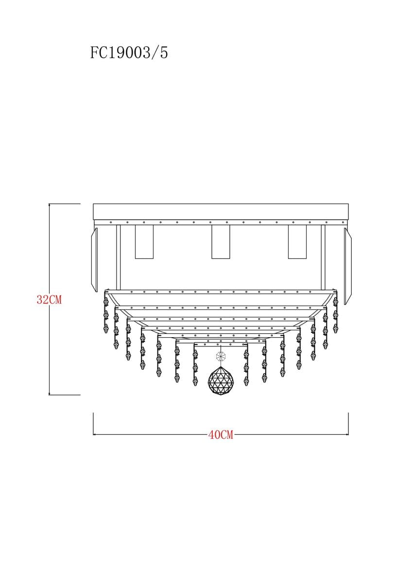 Lampa sufitowa Charlotte 5xE14 w kolorze złotym. Owalny kształt, z dekoracyjnymi zwisami i centralnym elementem w formie kuli. Wymiary: wysokość 32 cm, szerokość 40 cm. Stojąca, montowana na suficie.