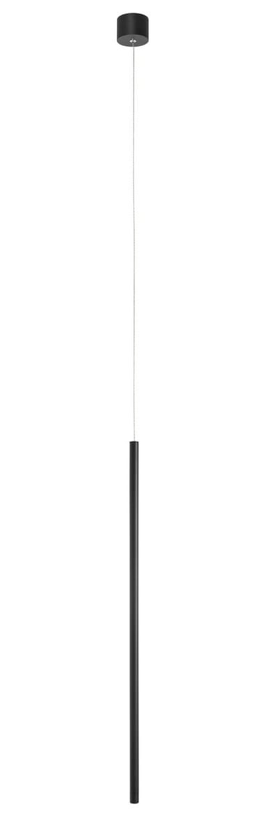 Lampa wisząca Buga w kolorze czarnym, z jedną diodą LED o mocy 5W. Prosty, cylindryczny kształt z długim przewodem zawieszenia. Montowana na suficie, idealna do nowoczesnych wnętrz. Tło białe, co podkreśla minimalistyczny design.