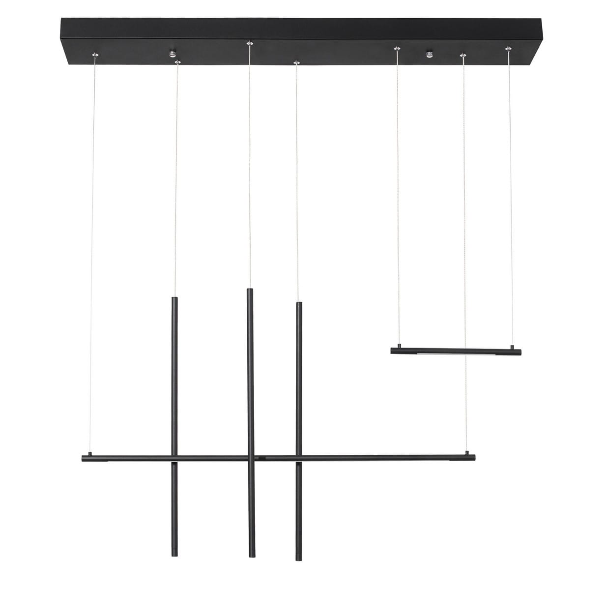Lampa wisząca Buga, czarna, z pięcioma źródłami LED, składająca się z kilku prostokątnych elementów zawieszonych na cienkich linkach. Ułożenie w formie krzyża, minimalistyczny design, montowana sufitowo.