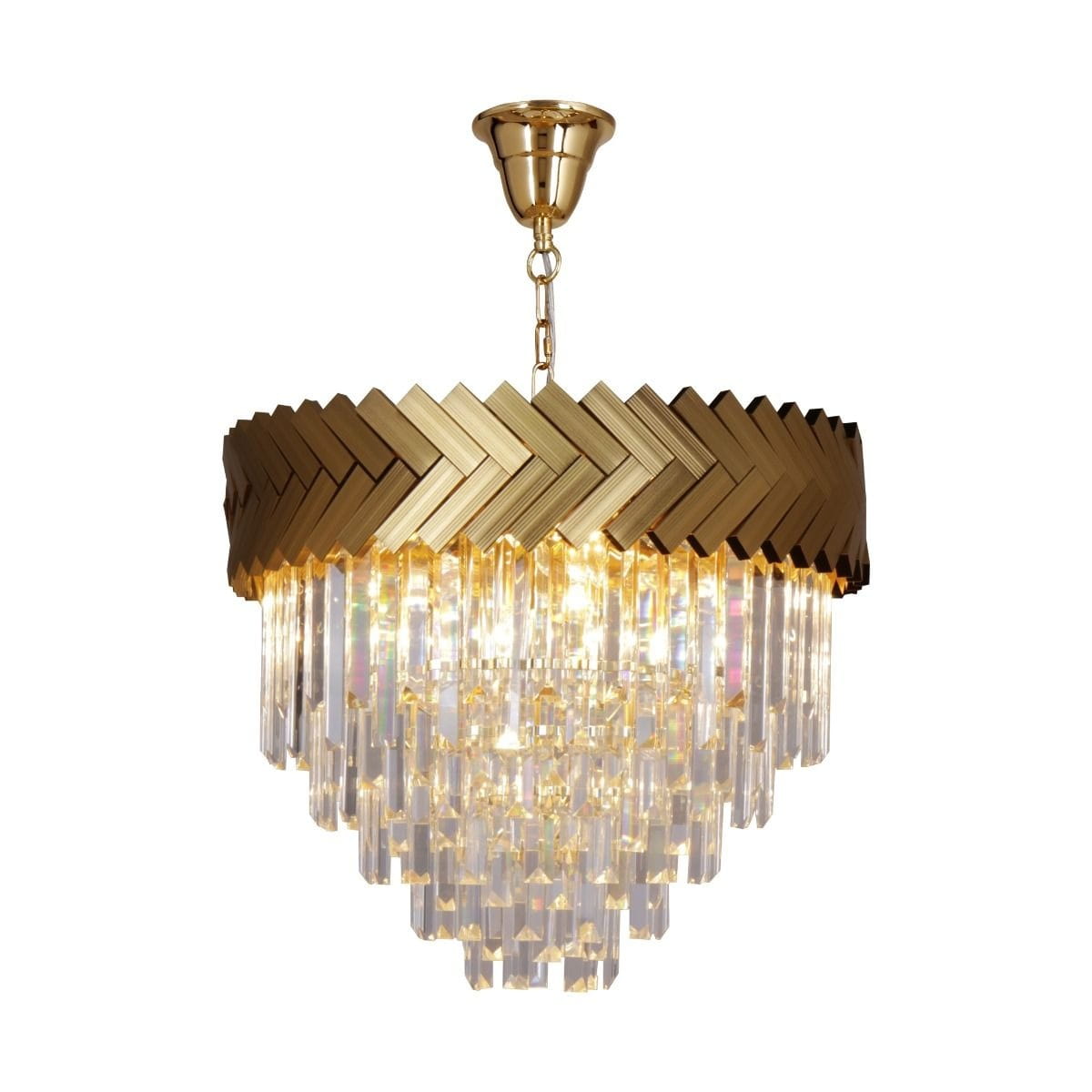 Lampa wisząca Lyon w kolorze złotym z osłoną w kształcie pierścienia o plecionym wzorze. Posiada dziewięć miejsc na żarówki E14, z kryształowymi detalami zwisającymi, które odbijają światło. Zawieszona na łańcuchu, w eleganckim stylu.