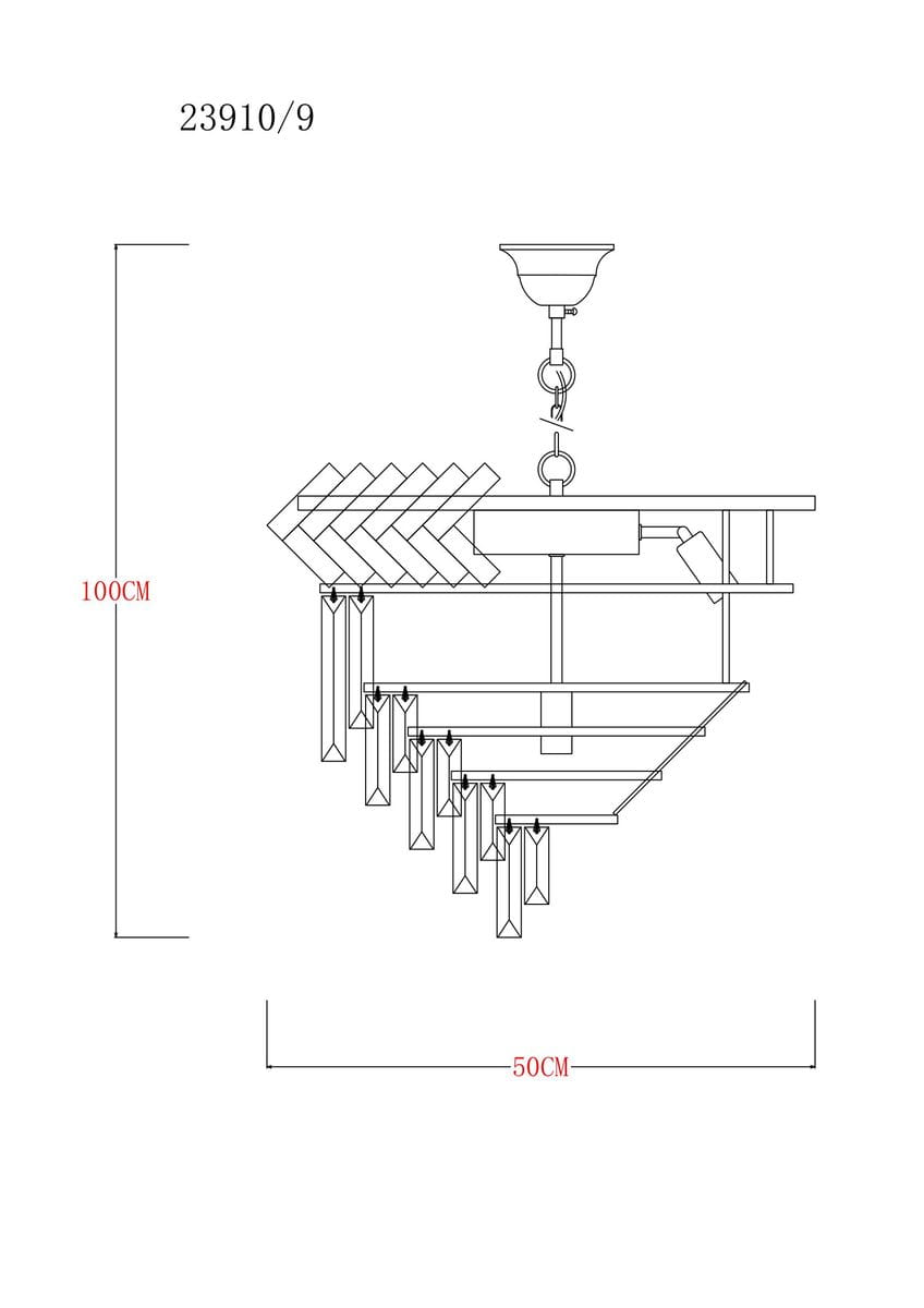 Lampa wisząca Lyon 9xE14 w kolorze złotym, o wymiarach 100 cm wysokości i 50 cm średnicy. Posiada geometryczny kształt z dekoracyjnymi elementami w postaci wiszących kryształków, zawieszona na łańcuchu.