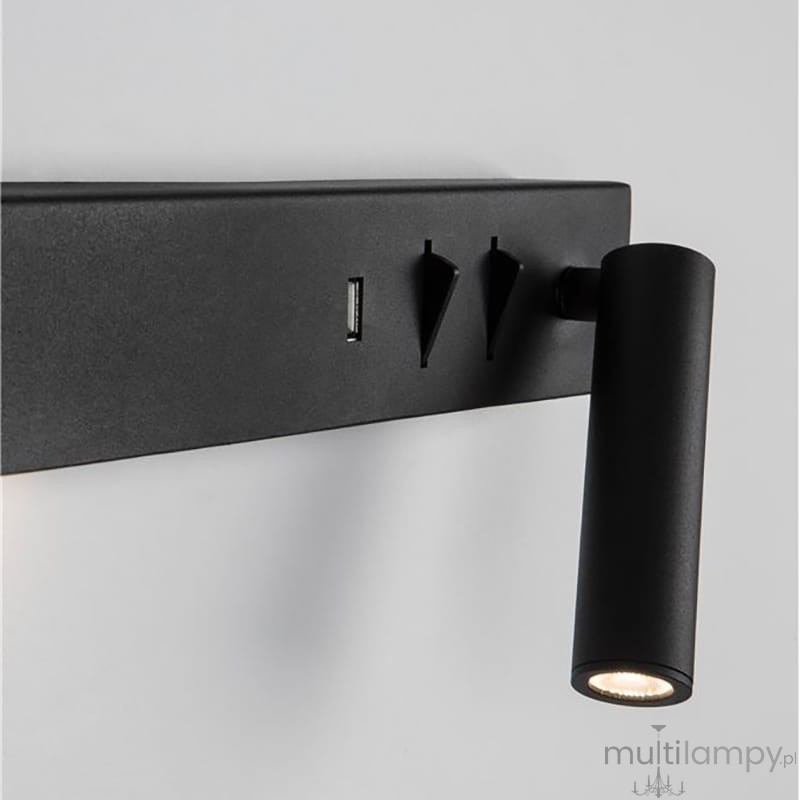 Kinkiet Zarate P w kolorze czarnym z gniazdem USB, wyposażony w dwa źródła światła LED o mocy 8W. Prosta, prostokątna podstawa z wbudowanym gniazdem i przełącznikami. Lampa do czytania z cylindrycznym ramieniem o regulowanym kącie.
