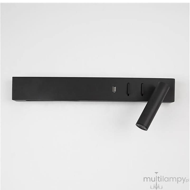 Kinkiet Zarate P w kolorze czarnym z wbudowanym gniazdem USB. Posiada dwa źródła światła LED o mocy 8W. Ujęcie z góry, pokazujące prostokątną podstawę oraz ruchomą lampę do czytania. Widoczne przyciski do regulacji.