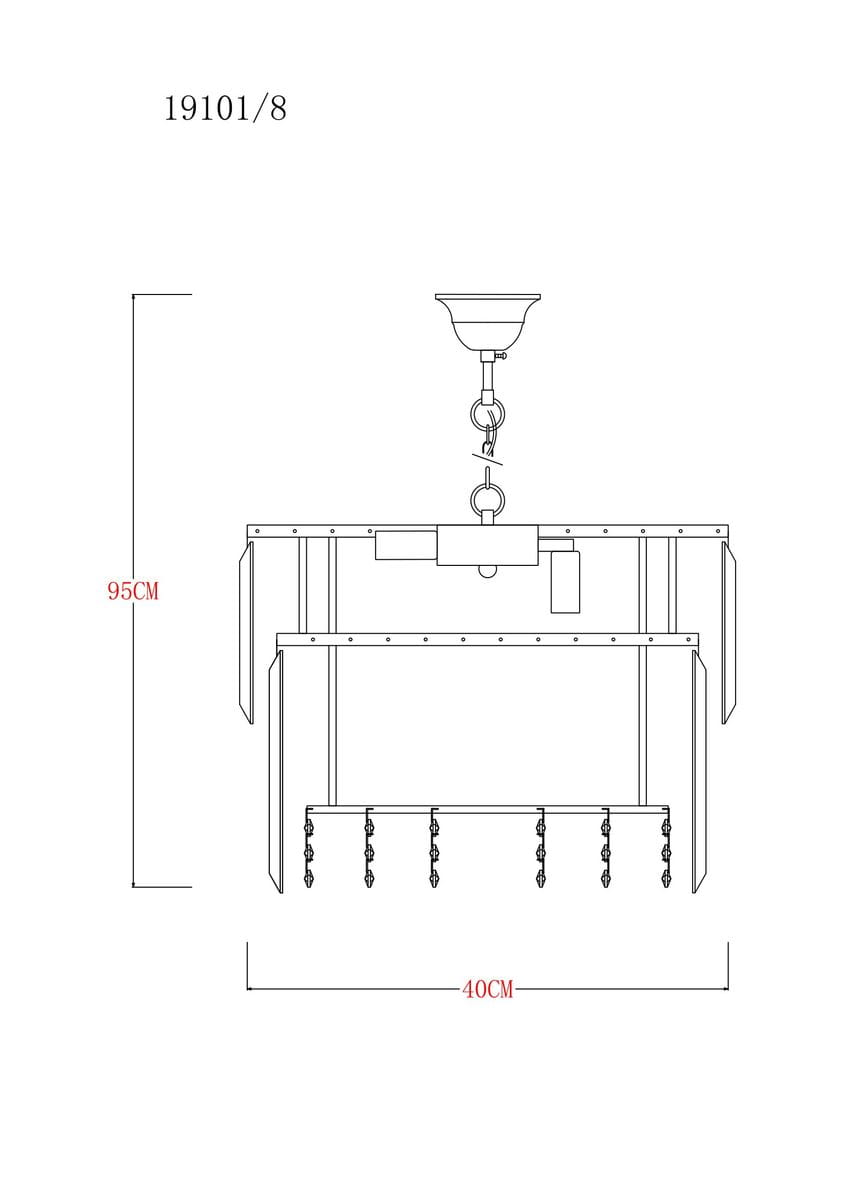 Lampa wisząca Camille w kolorze złotym, z miejscem na 8 żarówek E14. Ma prostokątny kształt, z wymiarami 95 cm wysokości i 40 cm szerokości. Zawieszona na łańcuchu, z widocznymi elementami mocującymi.