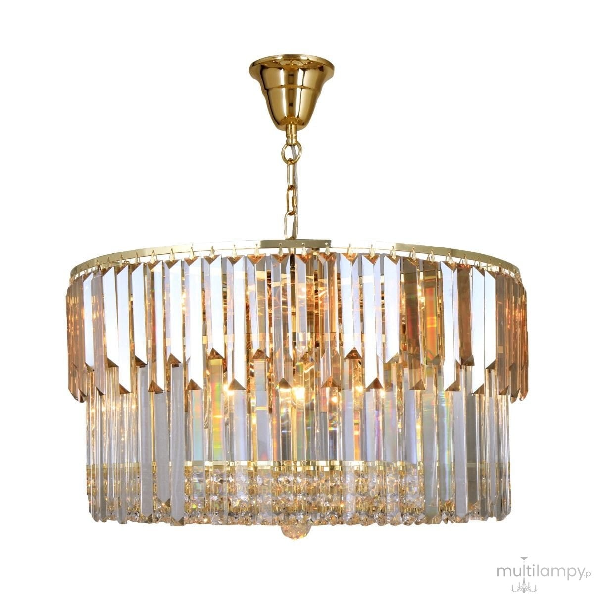 Lampa wisząca Camille 16xE14 w złotym kolorze, z przezroczystymi kryształowymi elementami w kształcie prostokątów. Ujęcie z boku, pokazujące detal wykończenia oraz dekoracyjne kryształki u dołu. Zawieszona na złotym łańcuszku.