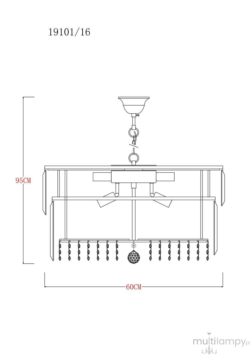 Lampa wisząca Camille z 16 gniazdami E14, w kolorze złotym. Wymiary: 95 cm wysokości i 60 cm szerokości. Posiada dekoracyjne elementy w postaci kryształków oraz proste, eleganckie ramiona. Montaż sufitowy, układ poziomy.