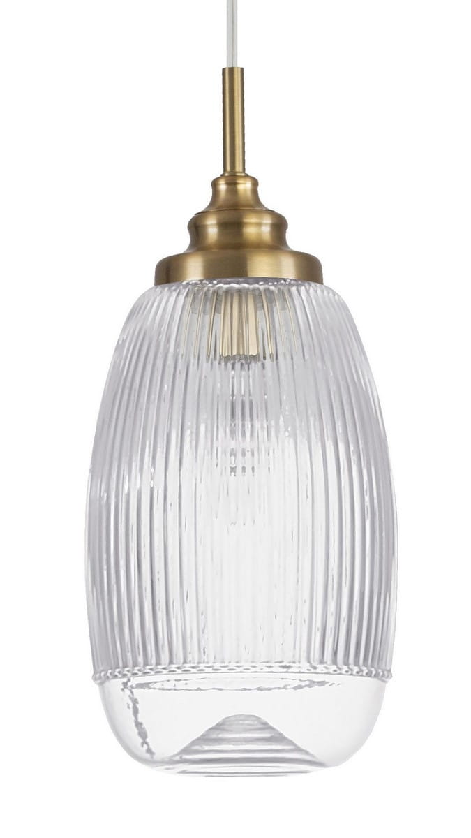 Lampa wisząca Ahigal z kloszem w kształcie elipsy, wykonana ze przezroczystego szkła z pionowymi żłobieniami. Złota oprawa E14 u góry. Produkt zawieszony na cienkim, białym przewodzie. Idealna do nowoczesnych wnętrz.