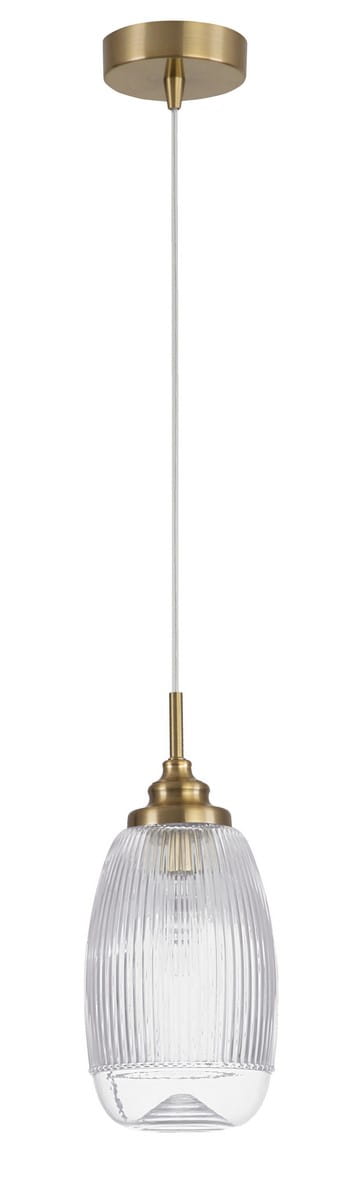 Lampa wisząca Ahigal z jedną oprawą E14, złote wykończenie z metalowym elementem, szklany klosz o falistej fakturze, zawieszona na cienkim, białym przewodzie, nowoczesny design, idealna do aranżacji wnętrz.
