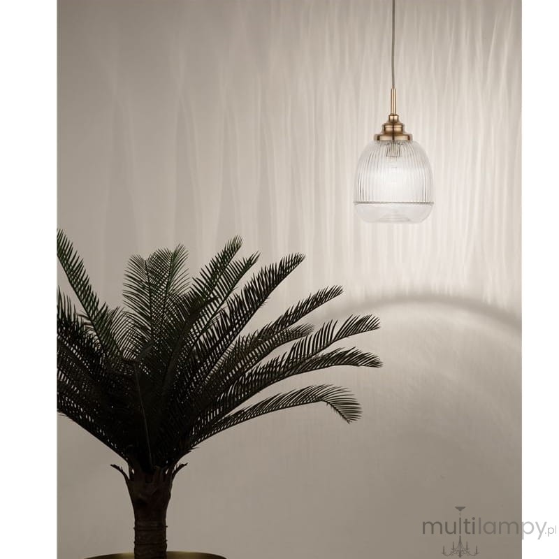 Lampa wisząca Ahigal 1xE14 w kolorze złotym z przezroczystym kloszem o żłobionej fakturze. Wisi na cienkim kablu, w tle widoczna roślina doniczkowa, a ściana za lampą ma delikatną, teksturowaną powierzchnię.