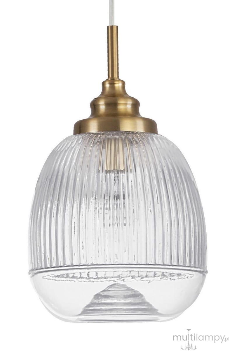 Lampa wisząca Ahigal z kloszem w formie szklanej, z wyraźnym prążkowanym wzorem, osadzona na złotym mocowaniu. Klosz ma okrągły kształt, a całość zawieszona jest na białym przewodzie. Źródło światła E14.