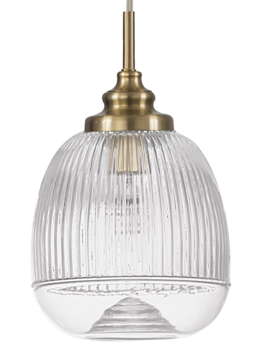 Kinkiet Ahigal 1xE14 w kolorze złotym z przezroczystym kloszem o kształcie stożka, z wyraźnym żłobieniem. Produkt zawieszony na cienkim przewodzie, z widocznym źródłem światła wewnątrz. Idealny do nowoczesnych wnętrz.