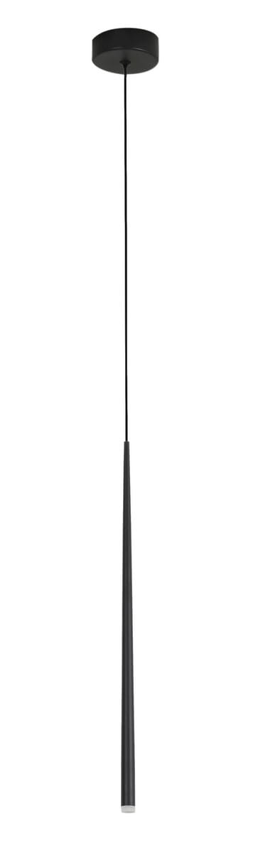 Czarna lampa wisząca Elche z LED 1x3W, o smukłym, stożkowatym kształcie, zawieszona na cienkim przewodzie. U góry zamontowana okrągła podsufitka. Produkt z minimalistycznym designem, idealny do nowoczesnych wnętrz.