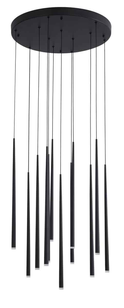 Lampa wisząca Elche z 12 LED, czarna, z okrągłą podstawą. Długie, stożkowate klosze zwisające na cienkich linkach, tworzące nowoczesny efekt. Idealna do aranżacji wnętrz.