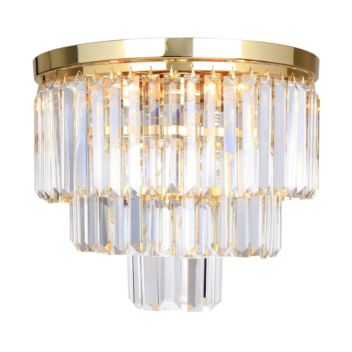 Lampa sufitowa Amedeo z jedną oprawą E27, złota, zdobiona przezroczystymi kryształkami. Okrągła podsufitka z połyskującym wykończeniem. Ujęcie z przodu, eksponujące elegancką strukturę i detal kryształów.