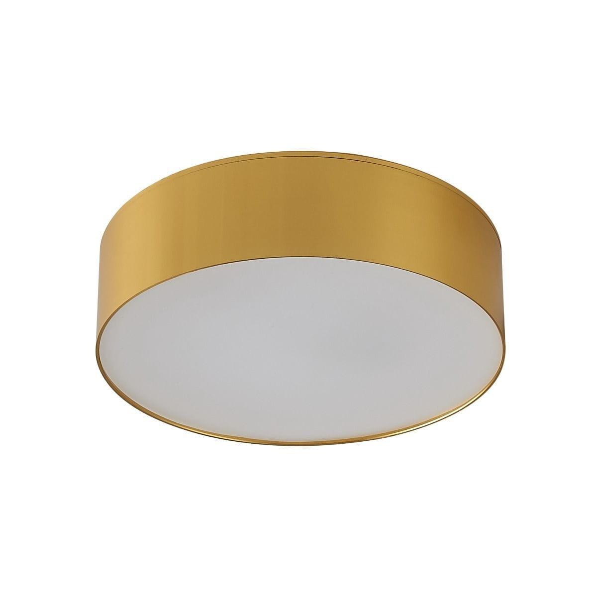 Plafon Solari D12 z jedną diodą LED o mocy 12W i temperaturze barwowej 4000K. Okrągły kształt, złota metaliczna obudowa z białym, matowym kloszem. Produkt montowany na suficie, widoczny z boku.