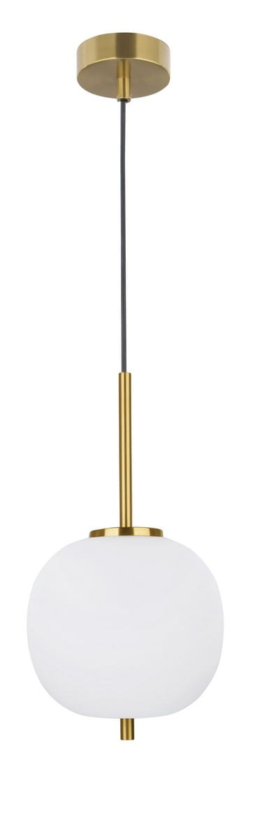 Lampa wisząca Pilar L D18,5 z oprawą w kolorze złotym, z matowym, okrągłym kloszem z białego szkła, zawieszona na cienkim czarnym przewodzie, montowana do sufitu.