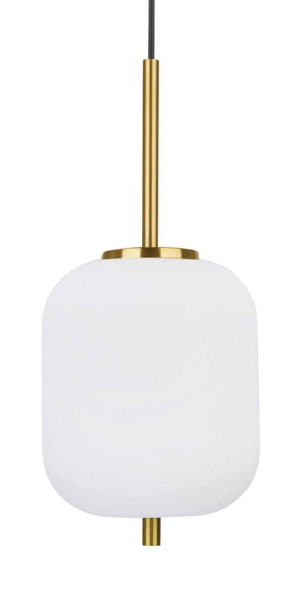 Lampa wisząca Pilar L o wymiarach D16,5 cm, z metalowym złotym uchwytem i białym, matowym kloszem w kształcie prostokątnym. Produkt zawiera miejsce na żarówkę E14. Ujęcie frontalne, zawieszona na czarnym przewodzie.