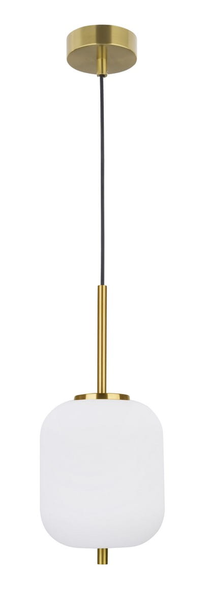 Lampa wisząca Pilar L D16,5 z mocowaniem w kolorze złotym, z białym, matowym kloszem o lekko prostokątnym kształcie. Zawieszona na czarnym przewodzie, z montażem sufitowym. Wymaga żarówki E14.