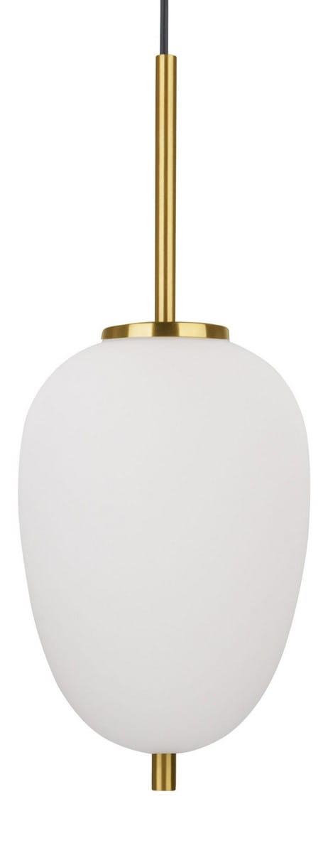 Lampa wisząca Pilar L o średnicy 15,8 cm, z jedną oprawą E14. Szklany klosz w matowej bieli, zawieszony na złotej, metalowej rurce. Stylowy design, idealna do nowoczesnych wnętrz. Ujęcie frontalne, produkt wiszący na czarnym przewodzie.
