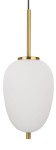 Lampa wisząca Pilar L o średnicy 15,8 cm, z jedną oprawą E14. Szklany klosz w matowej bieli, zawieszony na złotej, metalowej rurce. Stylowy design, idealna do nowoczesnych wnętrz. Ujęcie frontalne, produkt wiszący na czarnym przewodzie.