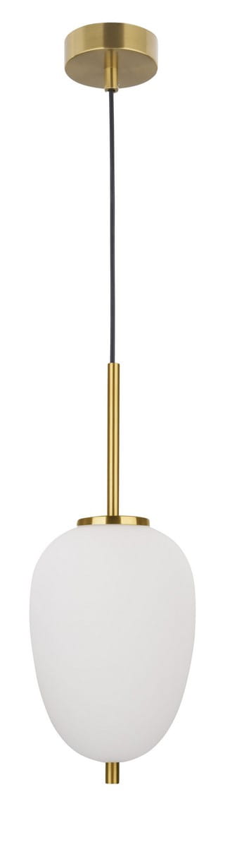 Lampa wisząca Pilar L D15,8 z metalowym złotym stelażem i białym, matowym kloszem w kształcie owalnym. Zawieszona na czarnym przewodzie, montowana do sufitu. Idealna do nowoczesnych wnętrz.