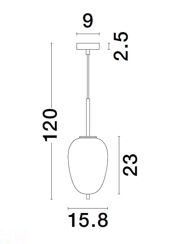 Lampa wisząca Pilar L D15,8 w kolorze złotym, z oprawą na jedną żarówkę E14. Owalny klosz o wymiarach 15,8 cm średnicy i 23 cm wysokości, zawieszony na cienkim przewodzie o długości 120 cm. Widok z przodu, na tle białym.