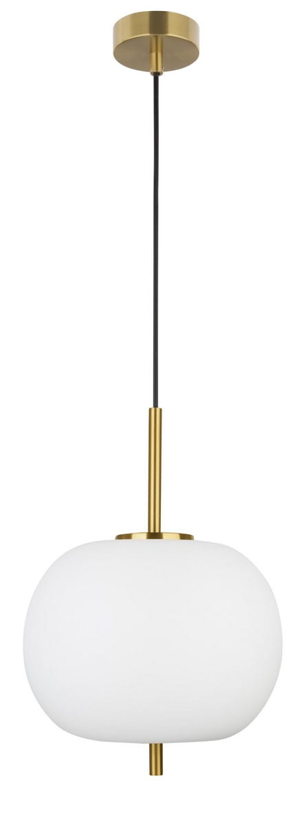 Lampa wisząca Pilar XL D30 z jedną oprawą E27, z okrągłym kloszem z matowego białego szkła i złotą metalową podstawą. Ujęcie frontalne, produkt zwisa na czarnym przewodzie. Idealna do nowoczesnych wnętrz.