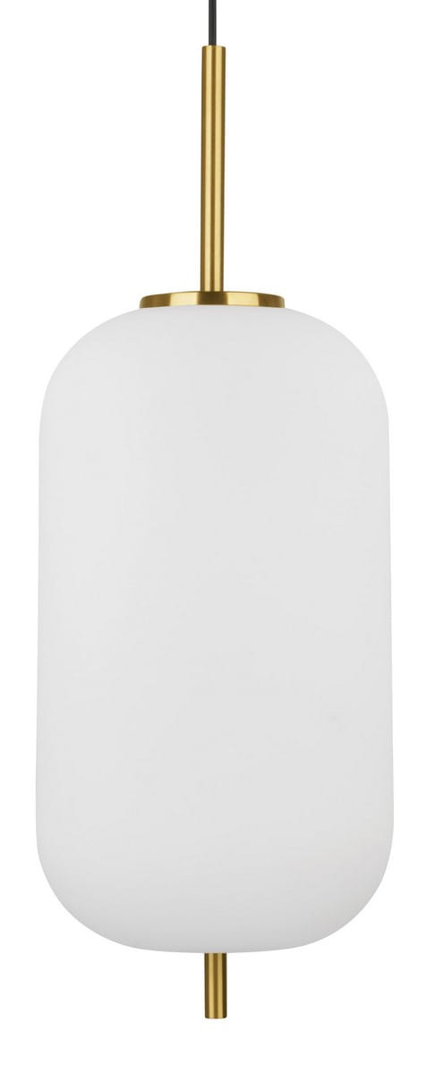 Lampa wisząca Pilar XL D22 z białym, matowym kloszem w kształcie prostokątnym, z metalowym, złotym uchwytem i zawieszeniem. Produkt wisi w pionie, prezentując minimalistyczny design. Idealna do nowoczesnych wnętrz.