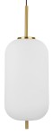 Lampa wisząca Pilar XL D22 z białym, matowym kloszem w kształcie prostokątnym, z metalowym, złotym uchwytem i zawieszeniem. Produkt wisi w pionie, prezentując minimalistyczny design. Idealna do nowoczesnych wnętrz.