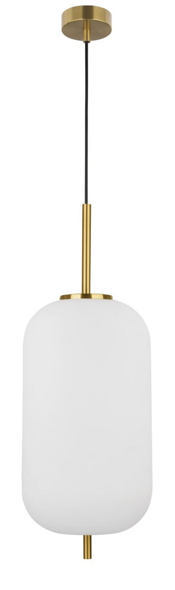 Lampa wisząca Pilar XL D22 z białym, matowym kloszem w kształcie prostokątnym, zawieszona na złotym stelażu. Klosz o gładkiej powierzchni, z cienkim czarnym przewodem. Ujęcie frontalne, produkt w pozycji wiszącej.
