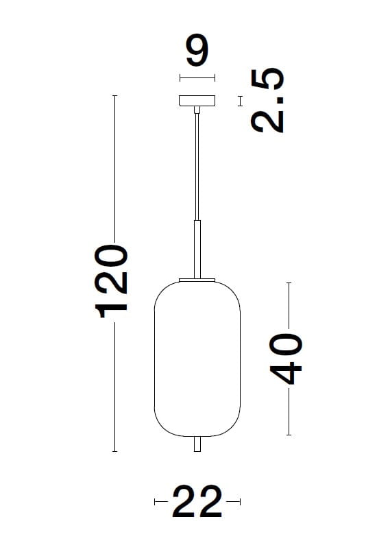 Lampa wisząca Pilar XL D22 w kolorze złotym, z oprawą na żarówkę E27. Owalny klosz o wymiarach 22 cm średnicy i 40 cm wysokości, zawieszony na cienkim przewodzie, z mocowaniem sufitowym o średnicy 9 cm. Całkowita długość wynosi 120 cm.